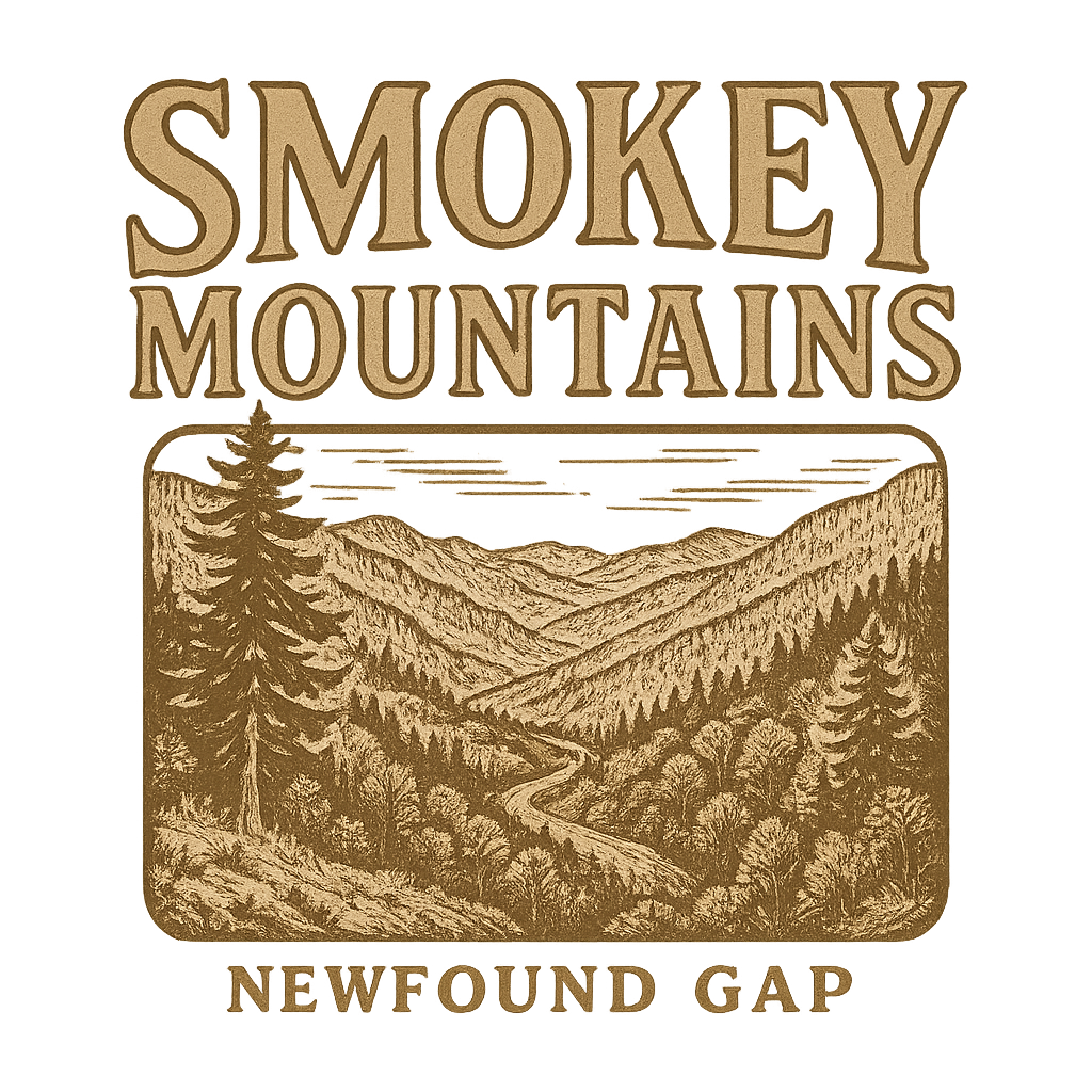 A typographic, nostalgic graphic of a typographic illustration of the words 'smokey mountains' with a vintage line art drawing of the newfound gap – a t-shirt design