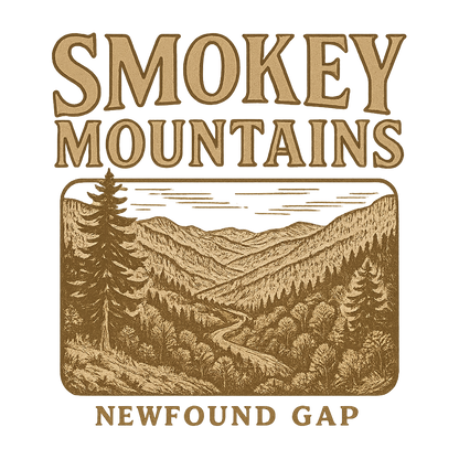 A typographic, nostalgic graphic of a typographic illustration of the words 'smokey mountains' with a vintage line art drawing of the newfound gap – a t-shirt design