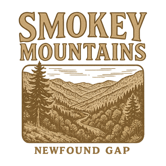 A typographic, nostalgic graphic of a typographic illustration of the words 'smokey mountains' with a vintage line art drawing of the newfound gap – a t-shirt design