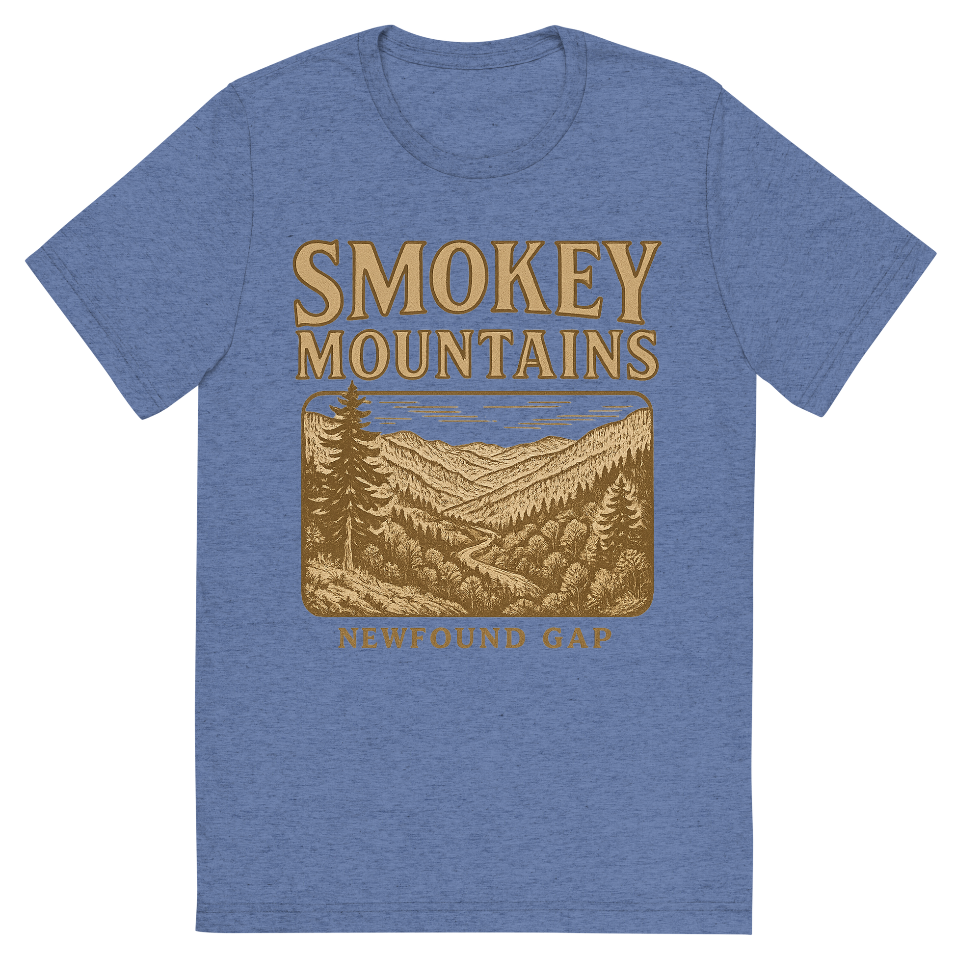Front view of a Premium Tri-Blend Crew Neck T-Shirt in Blue showing 'A typographic, nostalgic graphic of a typographic illustration of the words 'smokey mountains' with a vintage line art drawing of the newfound gap'