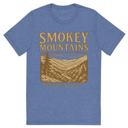 Front view of a Premium Tri-Blend Crew Neck T-Shirt in Blue showing 'A typographic, nostalgic graphic of a typographic illustration of the words 'smokey mountains' with a vintage line art drawing of the newfound gap'