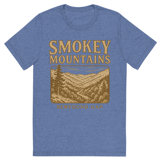 Front view of a Premium Tri-Blend Crew Neck T-Shirt in Blue showing 'A typographic, nostalgic graphic of a typographic illustration of the words 'smokey mountains' with a vintage line art drawing of the newfound gap'