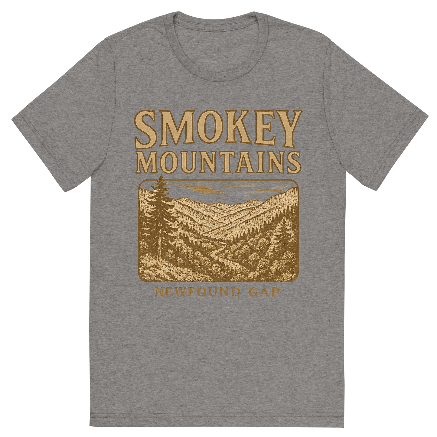 Front view of a Premium Tri-Blend Crew Neck T-Shirt in Grey showing 'A typographic, nostalgic graphic of a typographic illustration of the words 'smokey mountains' with a vintage line art drawing of the newfound gap'