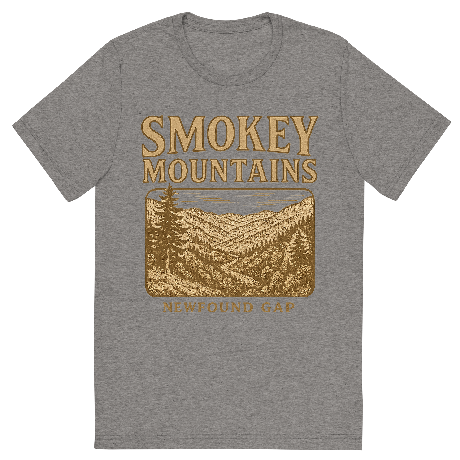 Front view of a Premium Tri-Blend Crew Neck T-Shirt in Grey showing 'A typographic, nostalgic graphic of a typographic illustration of the words 'smokey mountains' with a vintage line art drawing of the newfound gap'