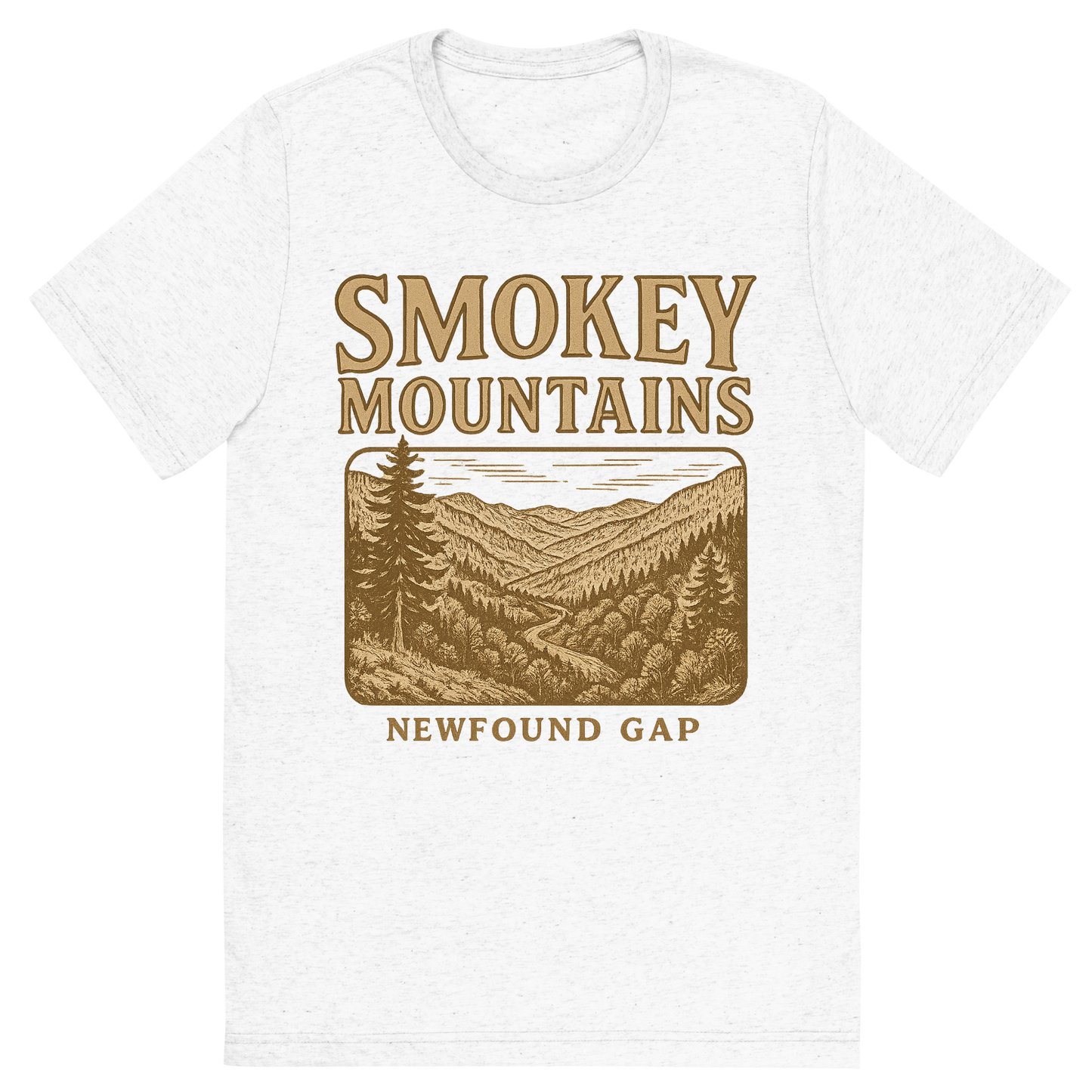 Front view of a Premium Tri-Blend Crew Neck T-Shirt in Solid White showing 'A typographic, nostalgic graphic of a typographic illustration of the words 'smokey mountains' with a vintage line art drawing of the newfound gap'