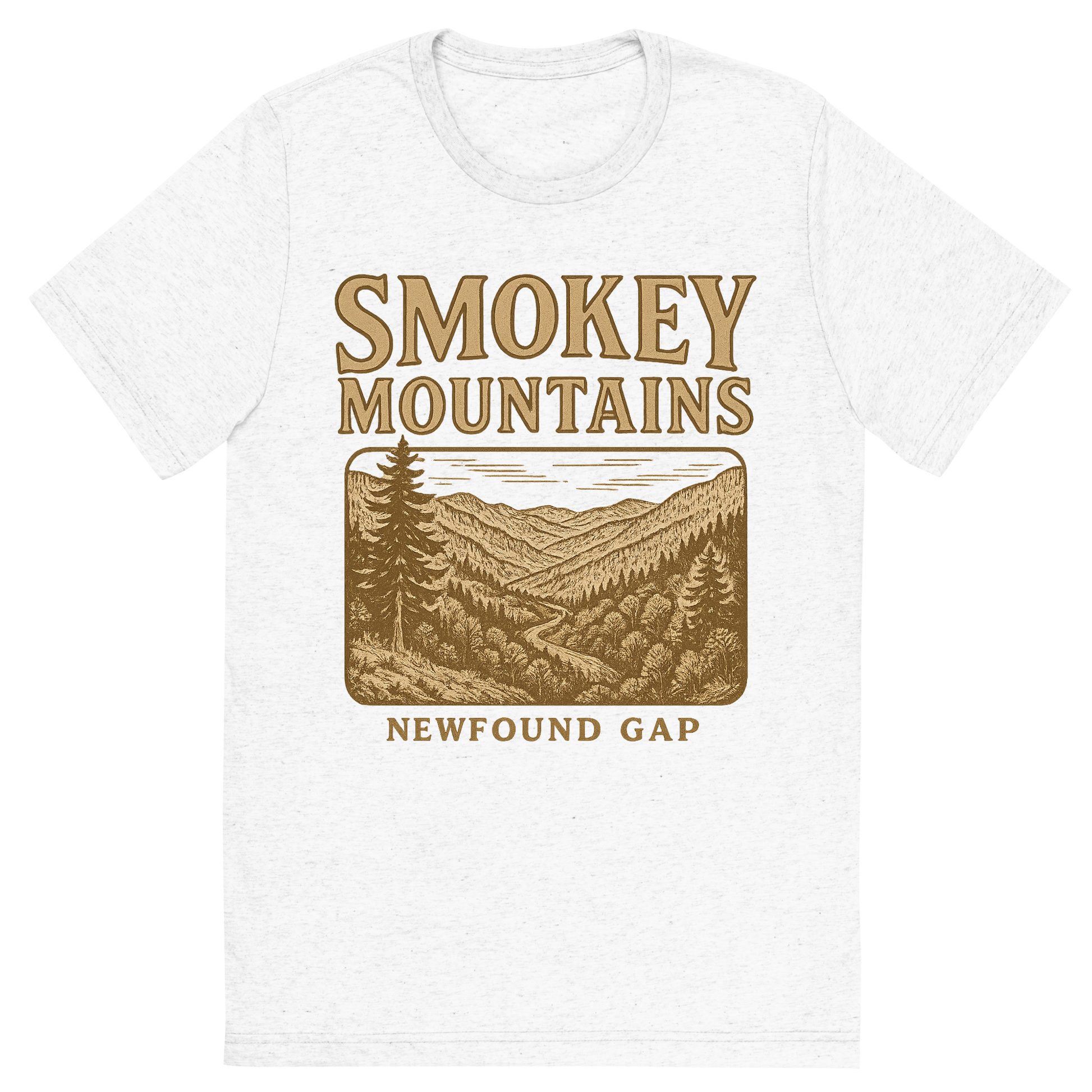 Front view of a Premium Tri-Blend Crew Neck T-Shirt in Solid White showing 'A typographic, nostalgic graphic of a typographic illustration of the words 'smokey mountains' with a vintage line art drawing of the newfound gap'