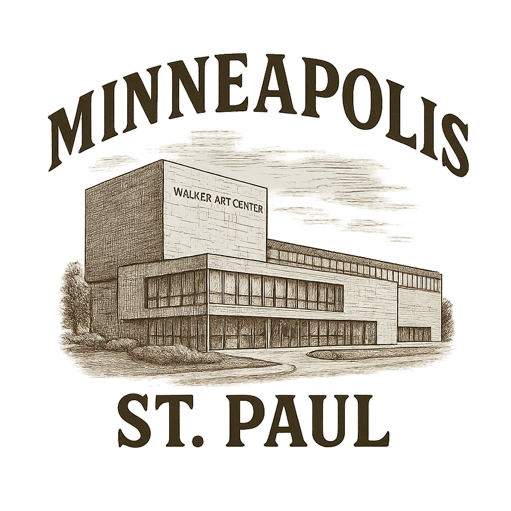 A typographic, nostalgic graphic of a typographic illustration of the words 'minneapolis-st. paul' with a vintage line art drawing of the walker art center – a t-shirt design