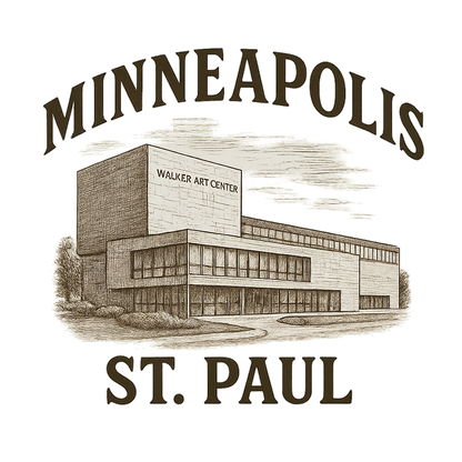 A typographic, nostalgic graphic of a typographic illustration of the words 'minneapolis-st. paul' with a vintage line art drawing of the walker art center – a t-shirt design