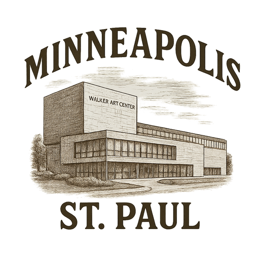 A typographic, nostalgic graphic of a typographic illustration of the words 'minneapolis-st. paul' with a vintage line art drawing of the walker art center – a t-shirt design