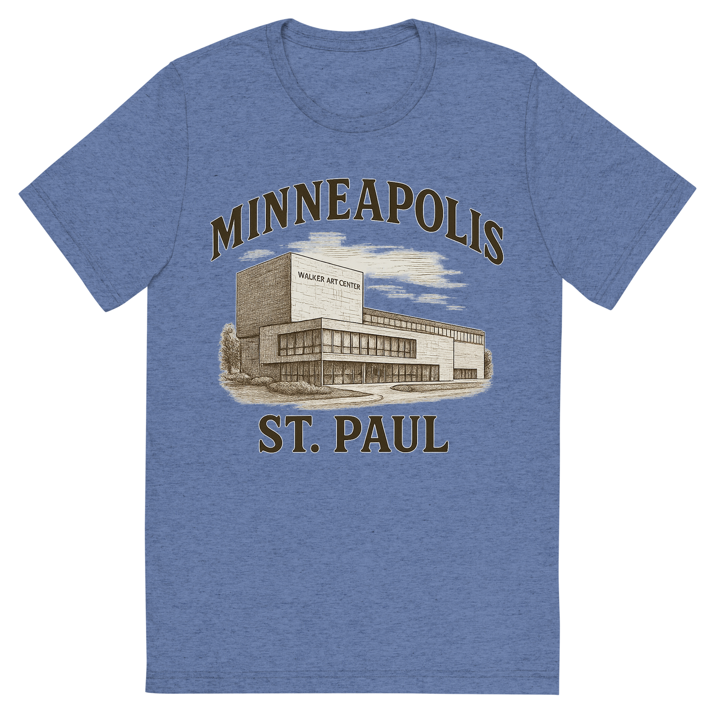 Front view of a Premium Tri-Blend Crew Neck T-Shirt in Blue showing 'A typographic, nostalgic graphic of a typographic illustration of the words 'minneapolis-st. paul' with a vintage line art drawing of the walker art center'
