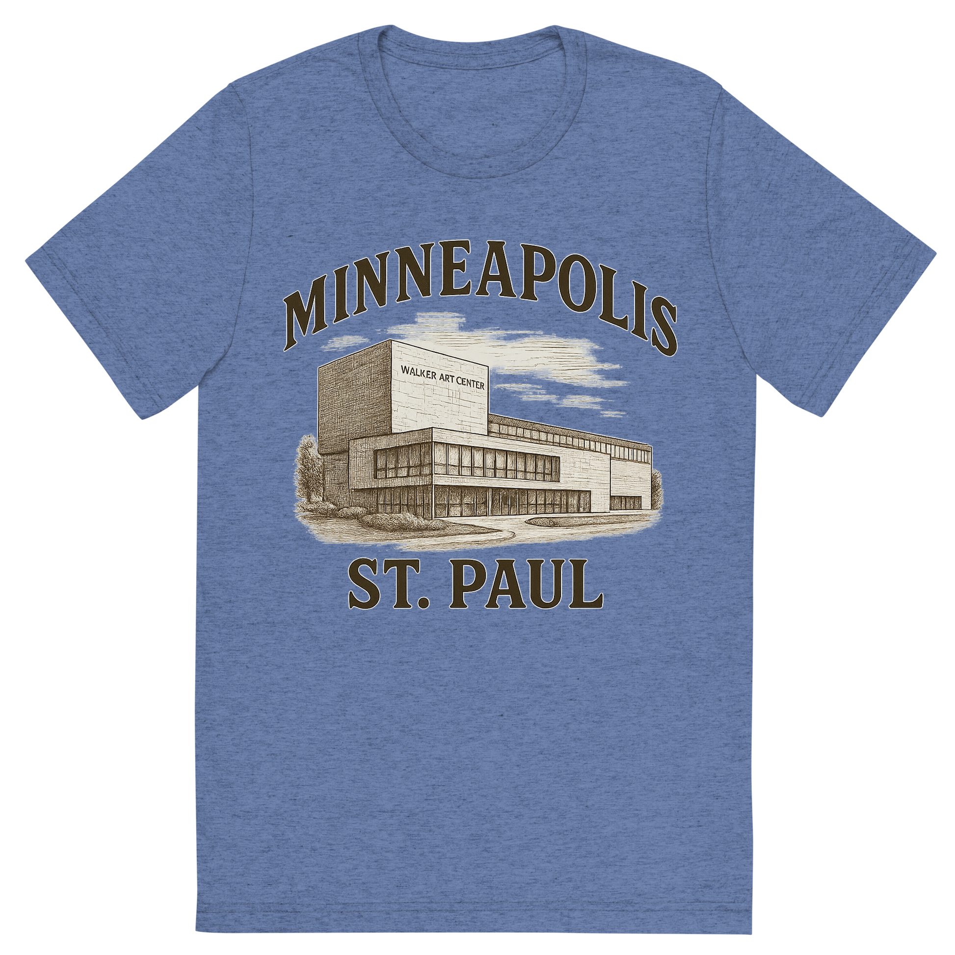 Front view of a Premium Tri-Blend Crew Neck T-Shirt in Blue showing 'A typographic, nostalgic graphic of a typographic illustration of the words 'minneapolis-st. paul' with a vintage line art drawing of the walker art center'