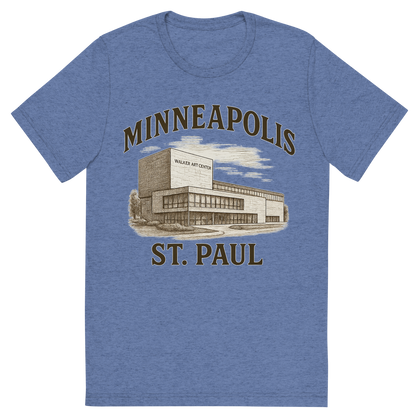 Front view of a Premium Tri-Blend Crew Neck T-Shirt in Blue showing 'A typographic, nostalgic graphic of a typographic illustration of the words 'minneapolis-st. paul' with a vintage line art drawing of the walker art center'