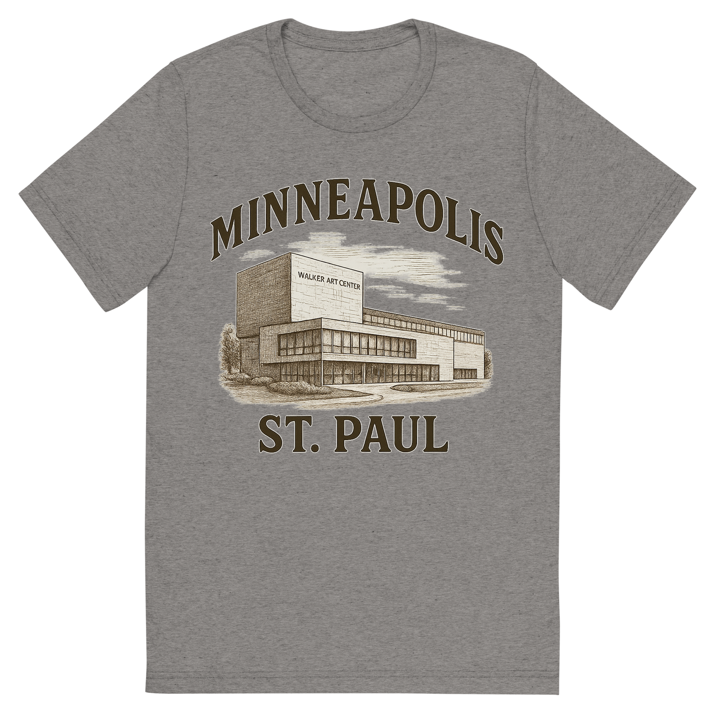 Front view of a Premium Tri-Blend Crew Neck T-Shirt in Grey showing 'A typographic, nostalgic graphic of a typographic illustration of the words 'minneapolis-st. paul' with a vintage line art drawing of the walker art center'