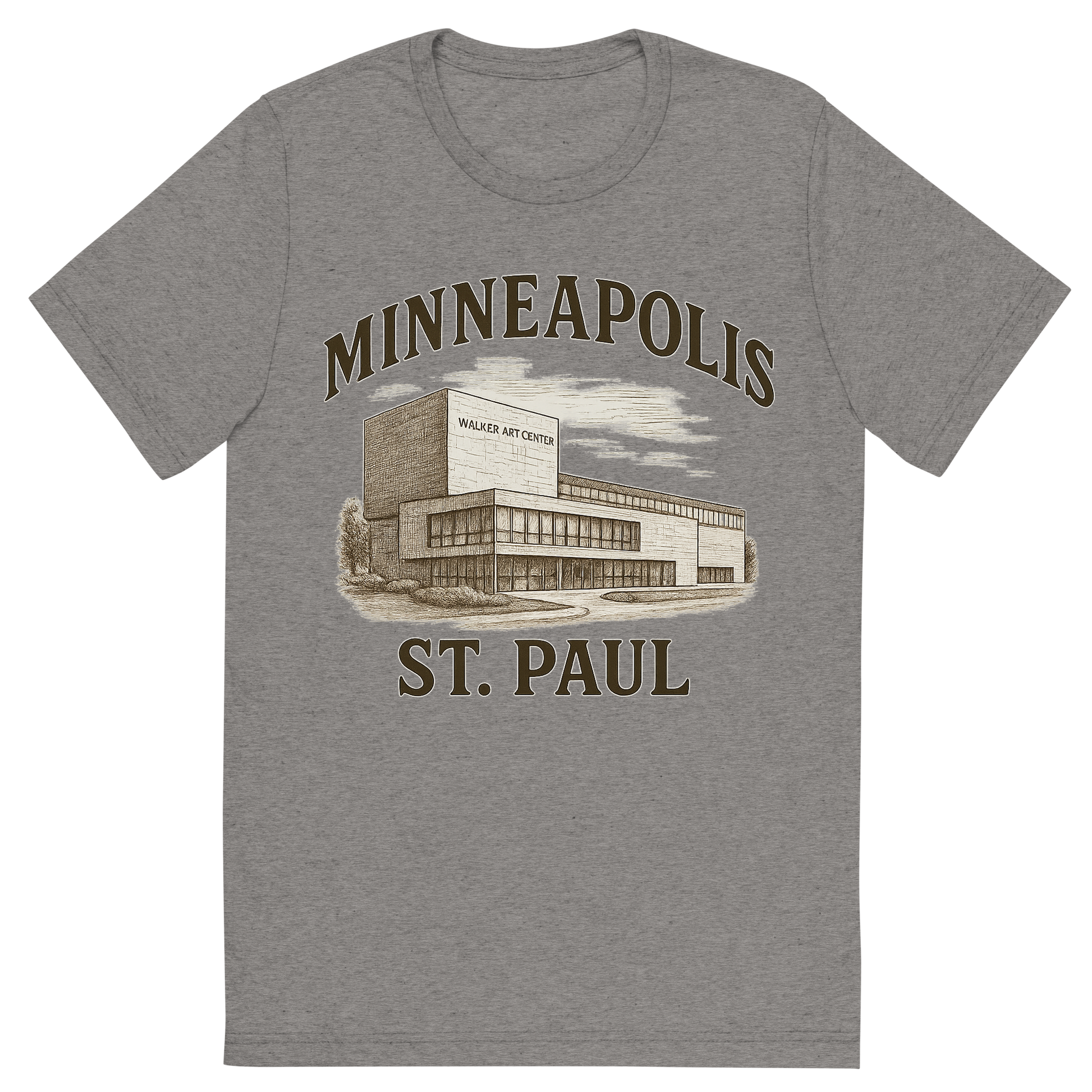Front view of a Premium Tri-Blend Crew Neck T-Shirt in Grey showing 'A typographic, nostalgic graphic of a typographic illustration of the words 'minneapolis-st. paul' with a vintage line art drawing of the walker art center'