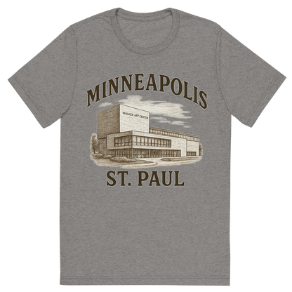 Front view of a Premium Tri-Blend Crew Neck T-Shirt in Grey showing 'A typographic, nostalgic graphic of a typographic illustration of the words 'minneapolis-st. paul' with a vintage line art drawing of the walker art center'