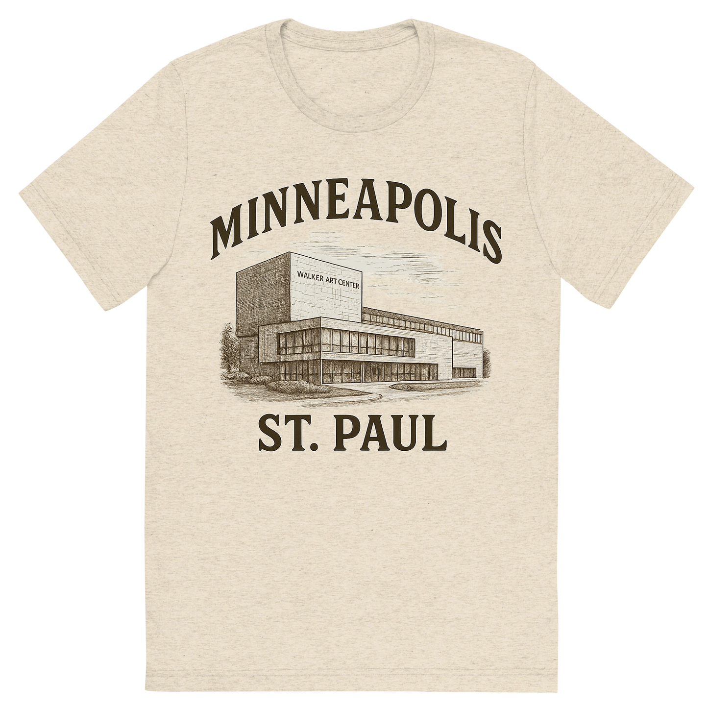Front view of a Premium Tri-Blend Crew Neck T-Shirt in Oatmeal showing 'A typographic, nostalgic graphic of a typographic illustration of the words 'minneapolis-st. paul' with a vintage line art drawing of the walker art center'