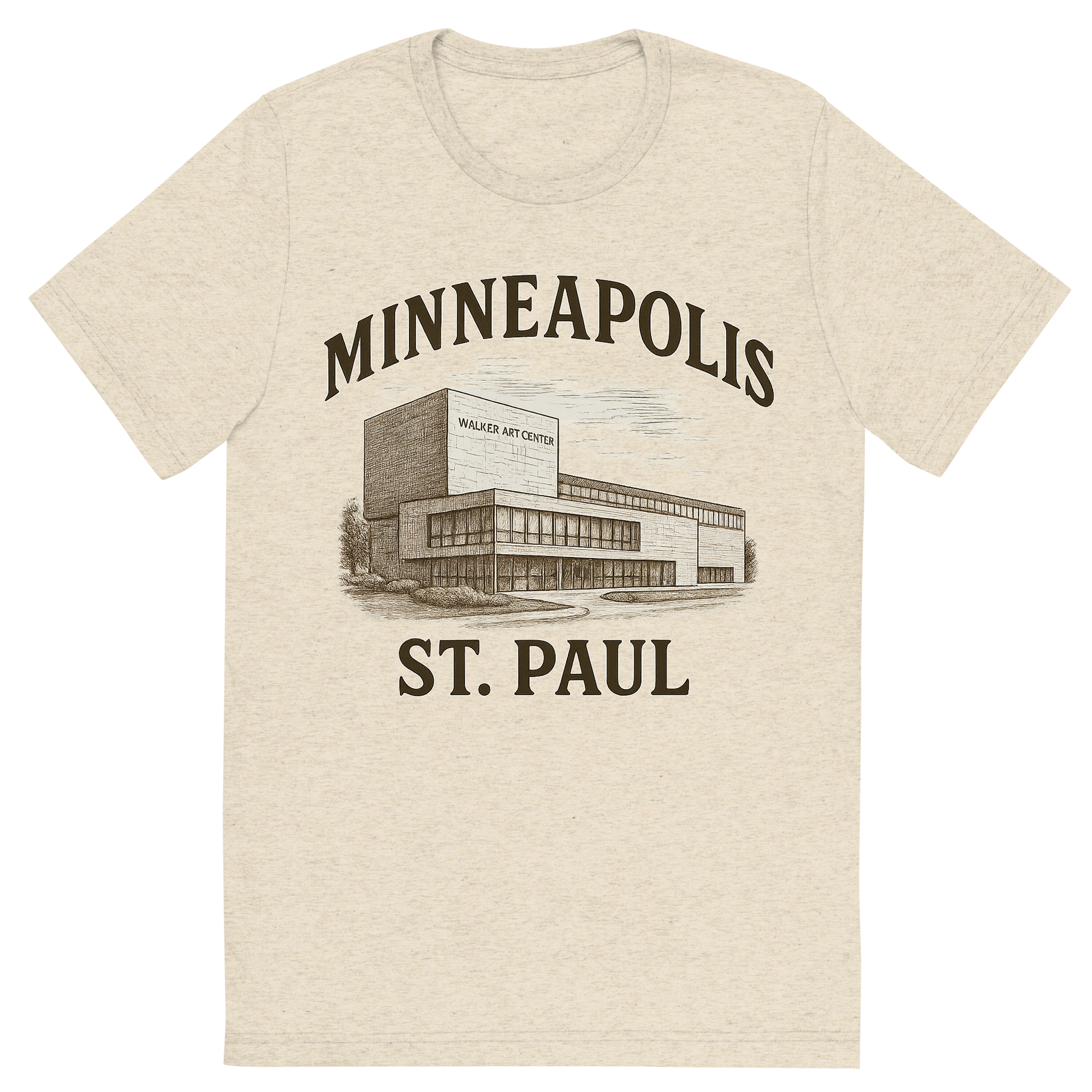 Front view of a Premium Tri-Blend Crew Neck T-Shirt in Oatmeal showing 'A typographic, nostalgic graphic of a typographic illustration of the words 'minneapolis-st. paul' with a vintage line art drawing of the walker art center'
