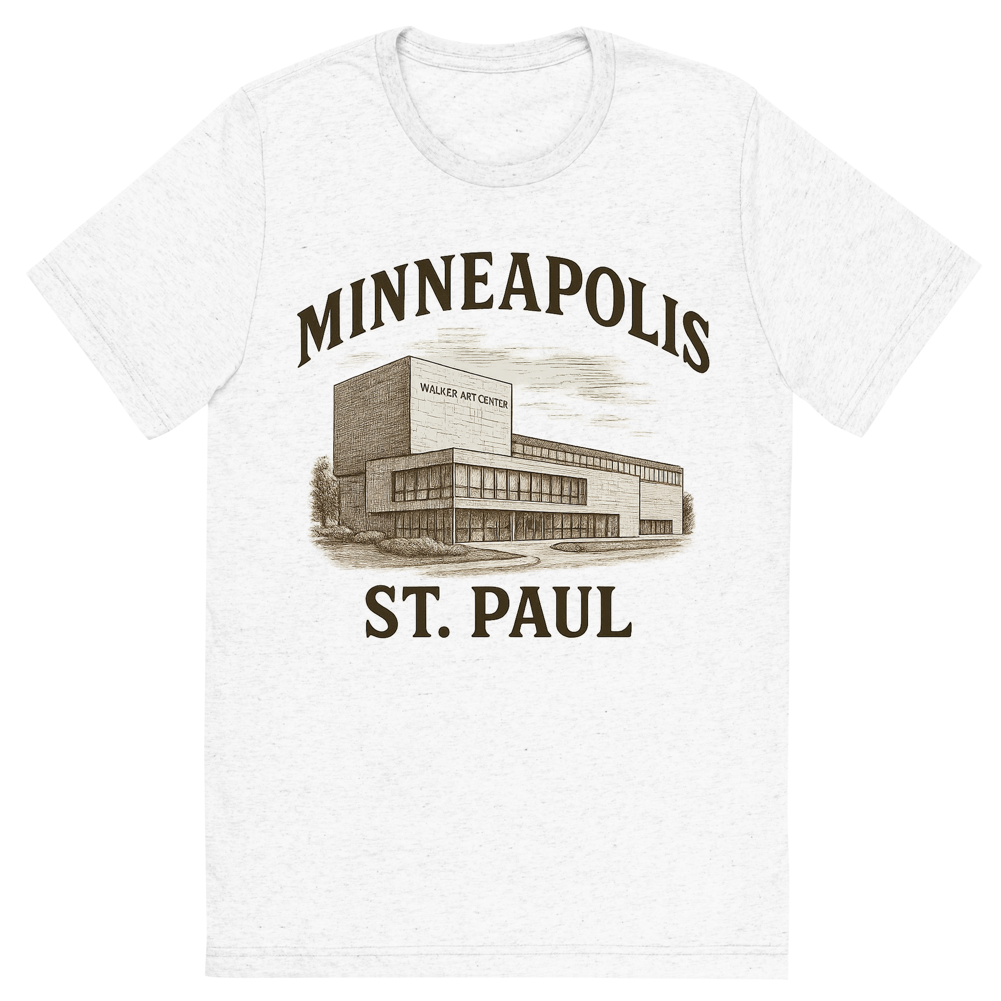 Front view of a Premium Tri-Blend Crew Neck T-Shirt in Solid White showing 'A typographic, nostalgic graphic of a typographic illustration of the words 'minneapolis-st. paul' with a vintage line art drawing of the walker art center'