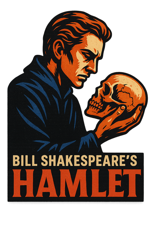 A retro, edgy graphic of a visual representation of a key theme and character from william shakespeare's hamlet – a t-shirt design