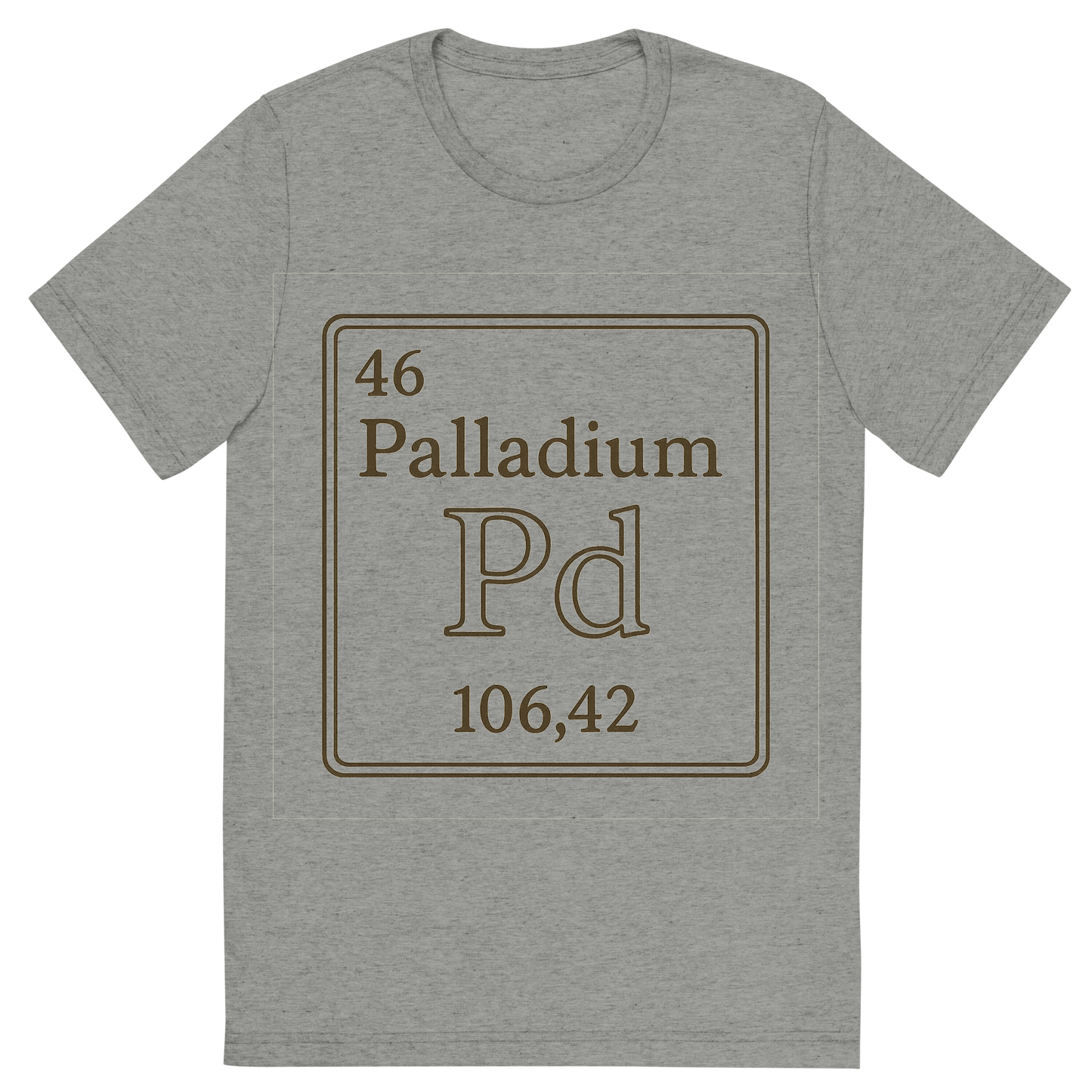 Front view of a Premium Tri-Blend Crew Neck T-Shirt in Athletic Grey showing 'A line art, nostalgic graphic of palladium's entry on the periodic table, use a dark color for the lines and text'