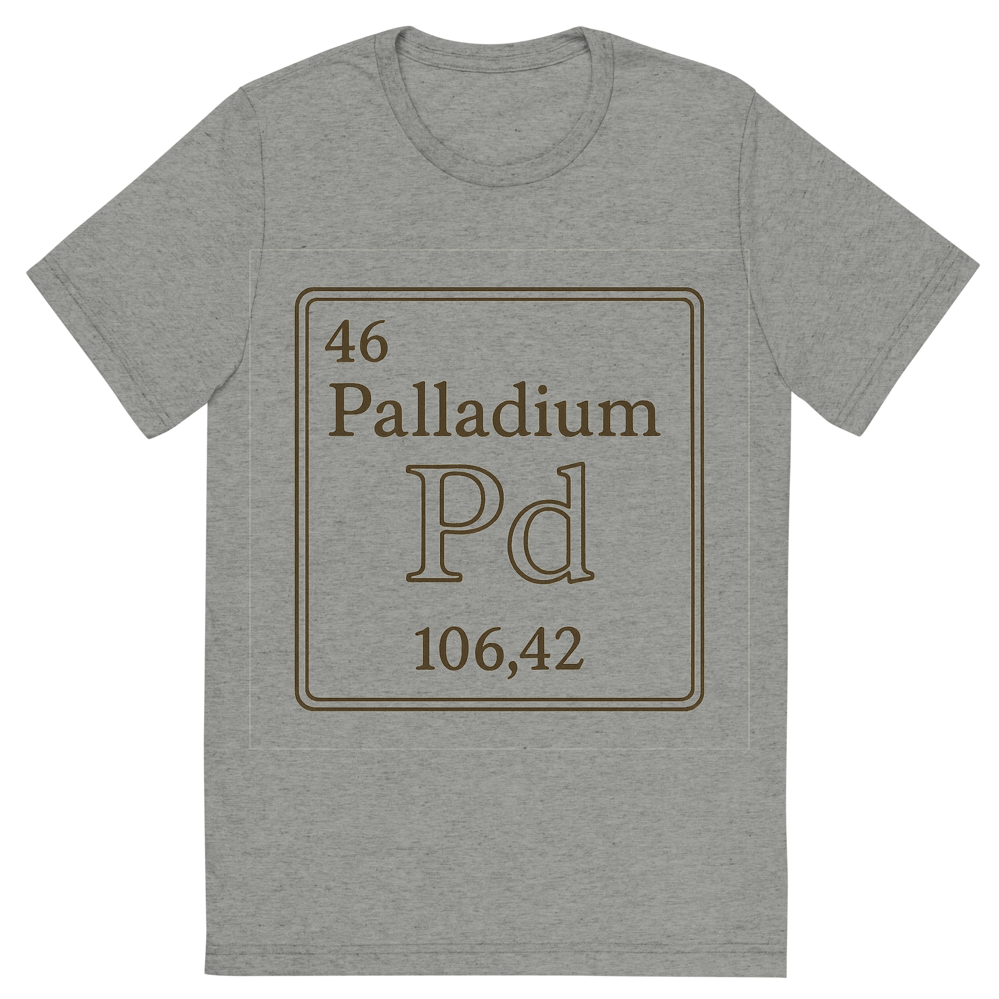 Front view of a Premium Tri-Blend Crew Neck T-Shirt in Athletic Grey showing 'A line art, nostalgic graphic of palladium's entry on the periodic table, use a dark color for the lines and text'