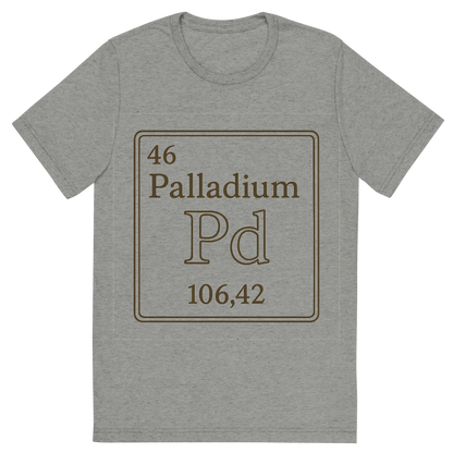 Front view of a Premium Tri-Blend Crew Neck T-Shirt in Athletic Grey showing 'A line art, nostalgic graphic of palladium's entry on the periodic table, use a dark color for the lines and text'