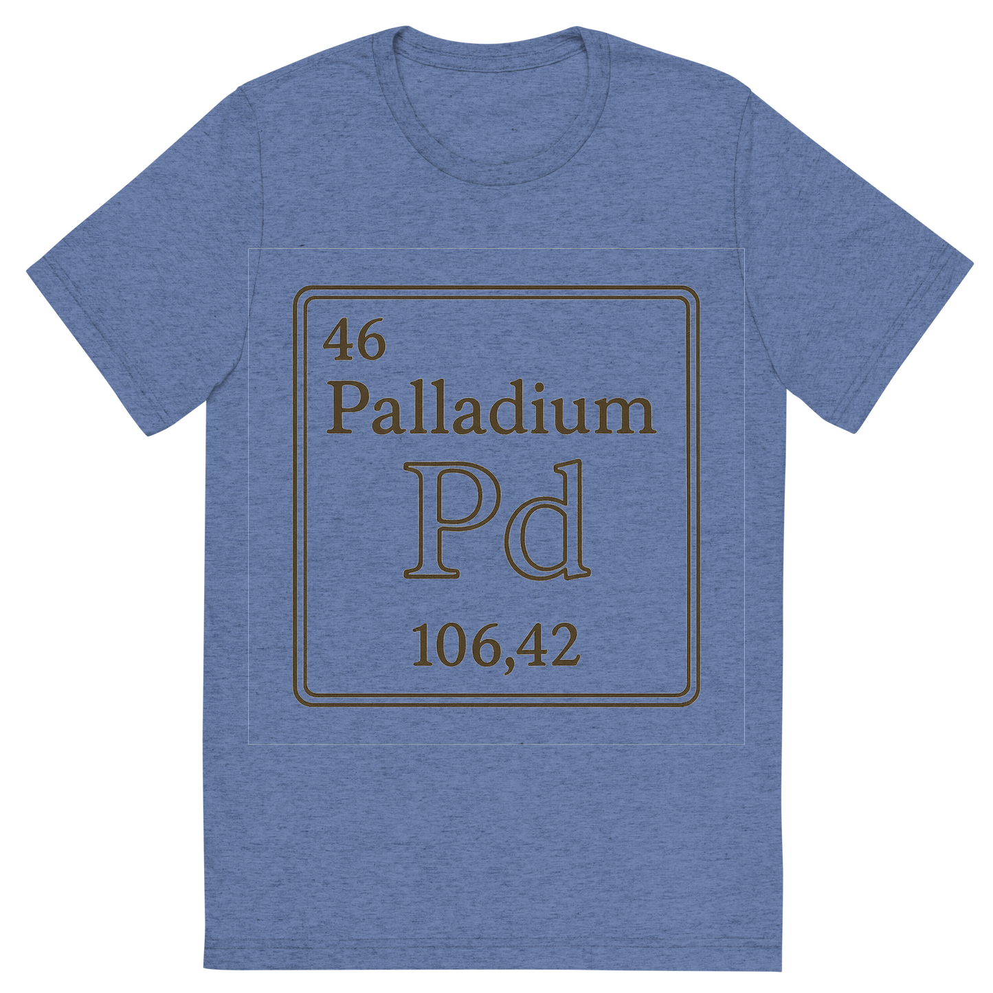 Front view of a Premium Tri-Blend Crew Neck T-Shirt in Blue showing 'A line art, nostalgic graphic of palladium's entry on the periodic table, use a dark color for the lines and text'