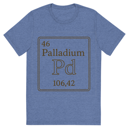 Front view of a Premium Tri-Blend Crew Neck T-Shirt in Blue showing 'A line art, nostalgic graphic of palladium's entry on the periodic table, use a dark color for the lines and text'