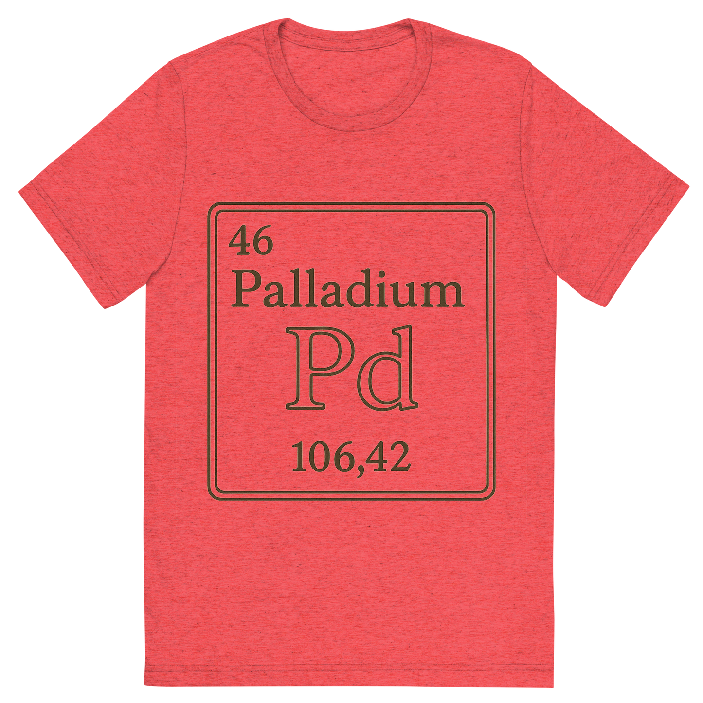 Front view of a Premium Tri-Blend Crew Neck T-Shirt in Red showing 'A line art, nostalgic graphic of palladium's entry on the periodic table, use a dark color for the lines and text'
