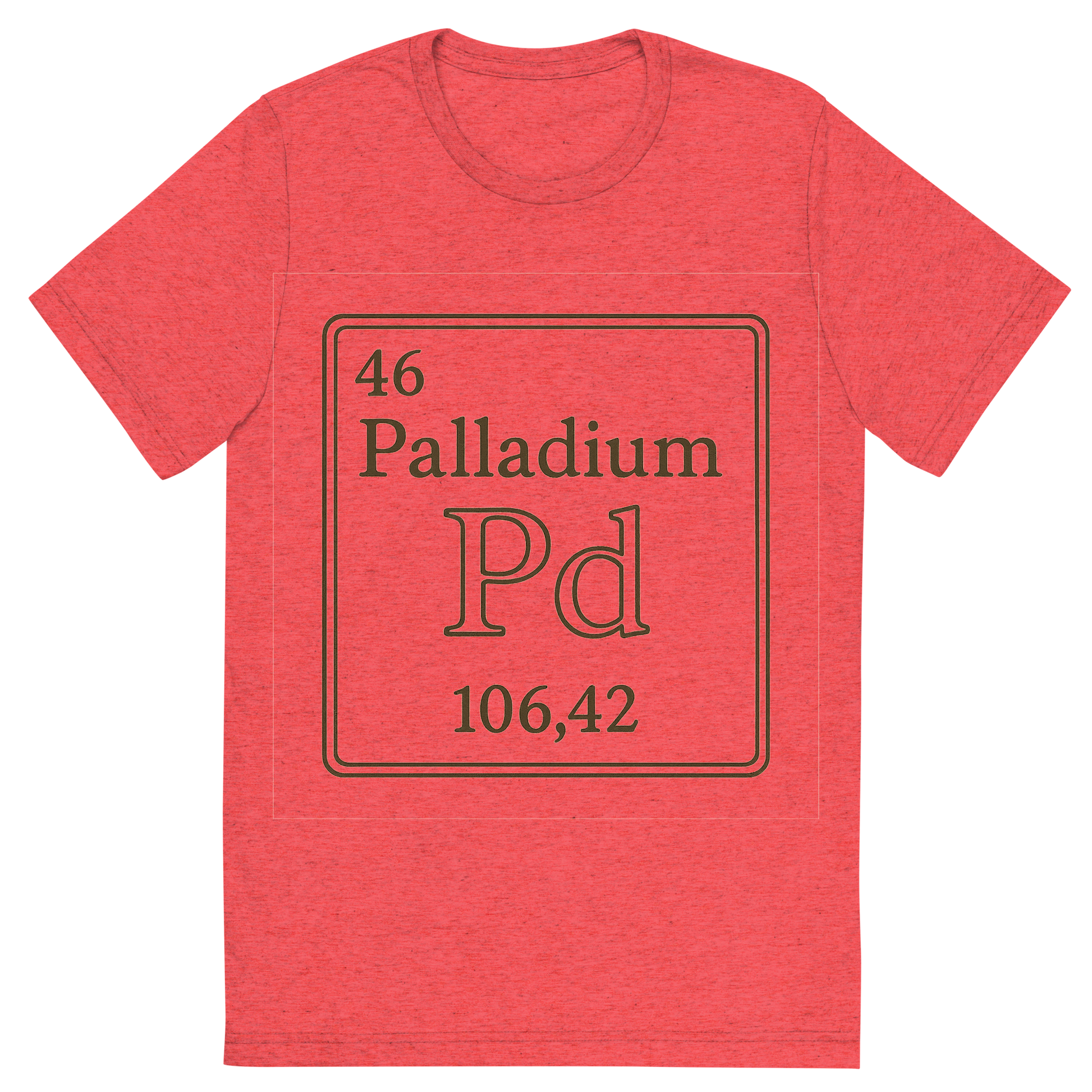Front view of a Premium Tri-Blend Crew Neck T-Shirt in Red showing 'A line art, nostalgic graphic of palladium's entry on the periodic table, use a dark color for the lines and text'