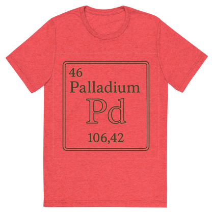 Front view of a Premium Tri-Blend Crew Neck T-Shirt in Red showing 'A line art, nostalgic graphic of palladium's entry on the periodic table, use a dark color for the lines and text'
