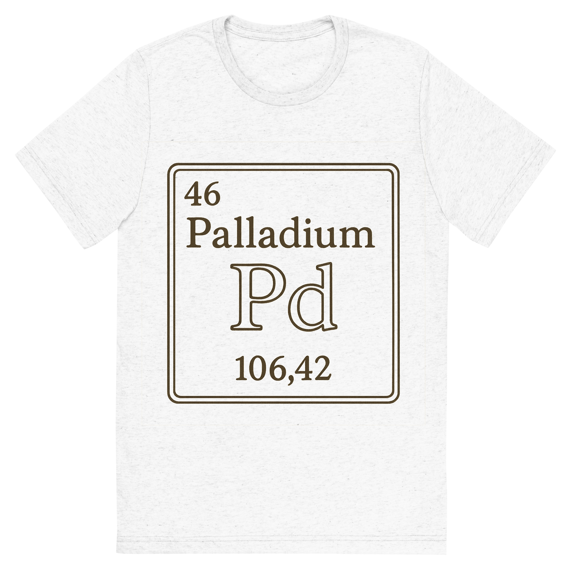 Front view of a Premium Tri-Blend Crew Neck T-Shirt in Solid White showing 'A line art, nostalgic graphic of palladium's entry on the periodic table, use a dark color for the lines and text'