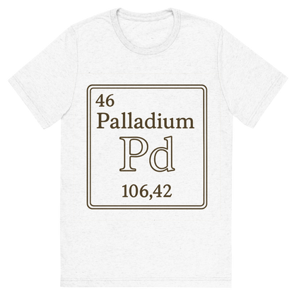 Front view of a Premium Tri-Blend Crew Neck T-Shirt in Solid White showing 'A line art, nostalgic graphic of palladium's entry on the periodic table, use a dark color for the lines and text'
