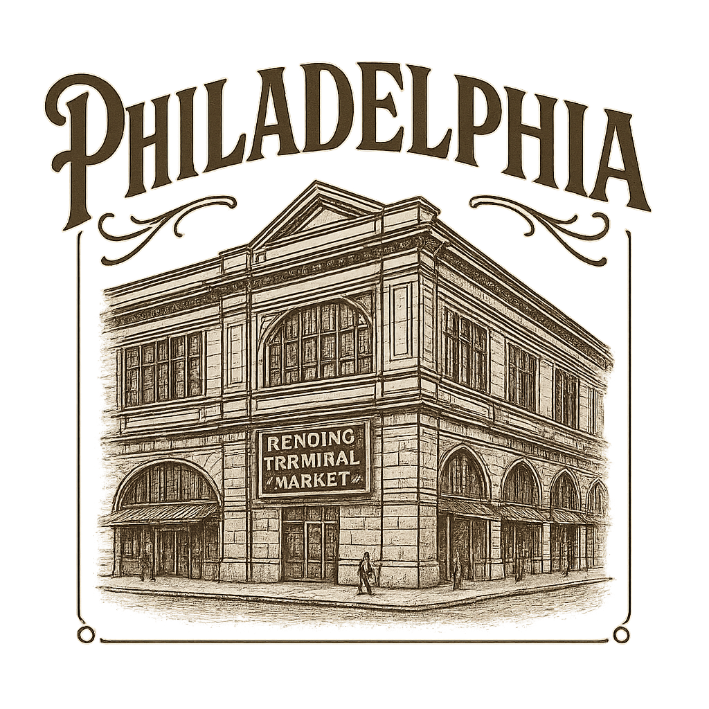 A typographic, nostalgic graphic of a typographic illustration of the words 'philadelphia' with a vintage line art drawing of the reading terminal market – a t-shirt design