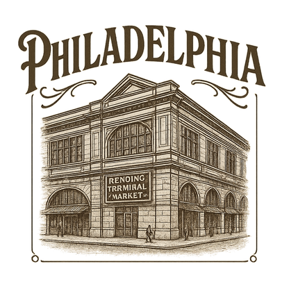 A typographic, nostalgic graphic of a typographic illustration of the words 'philadelphia' with a vintage line art drawing of the reading terminal market – a t-shirt design