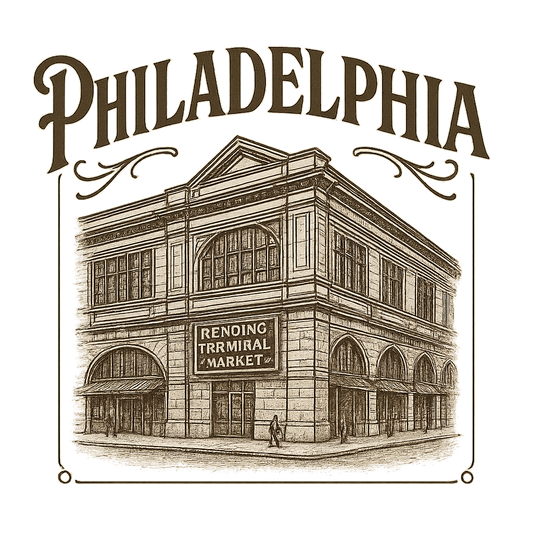 A typographic, nostalgic graphic of a typographic illustration of the words 'philadelphia' with a vintage line art drawing of the reading terminal market – a t-shirt design