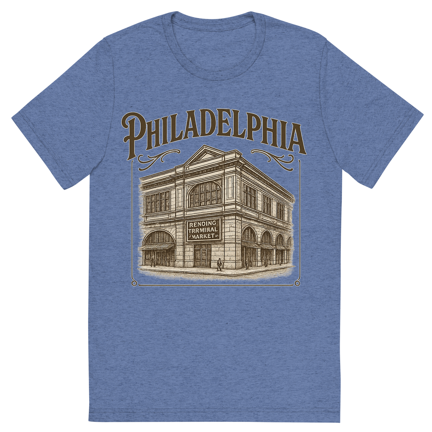 Front view of a Premium Tri-Blend Crew Neck T-Shirt in Blue showing 'A typographic, nostalgic graphic of a typographic illustration of the words 'philadelphia' with a vintage line art drawing of the reading terminal market'