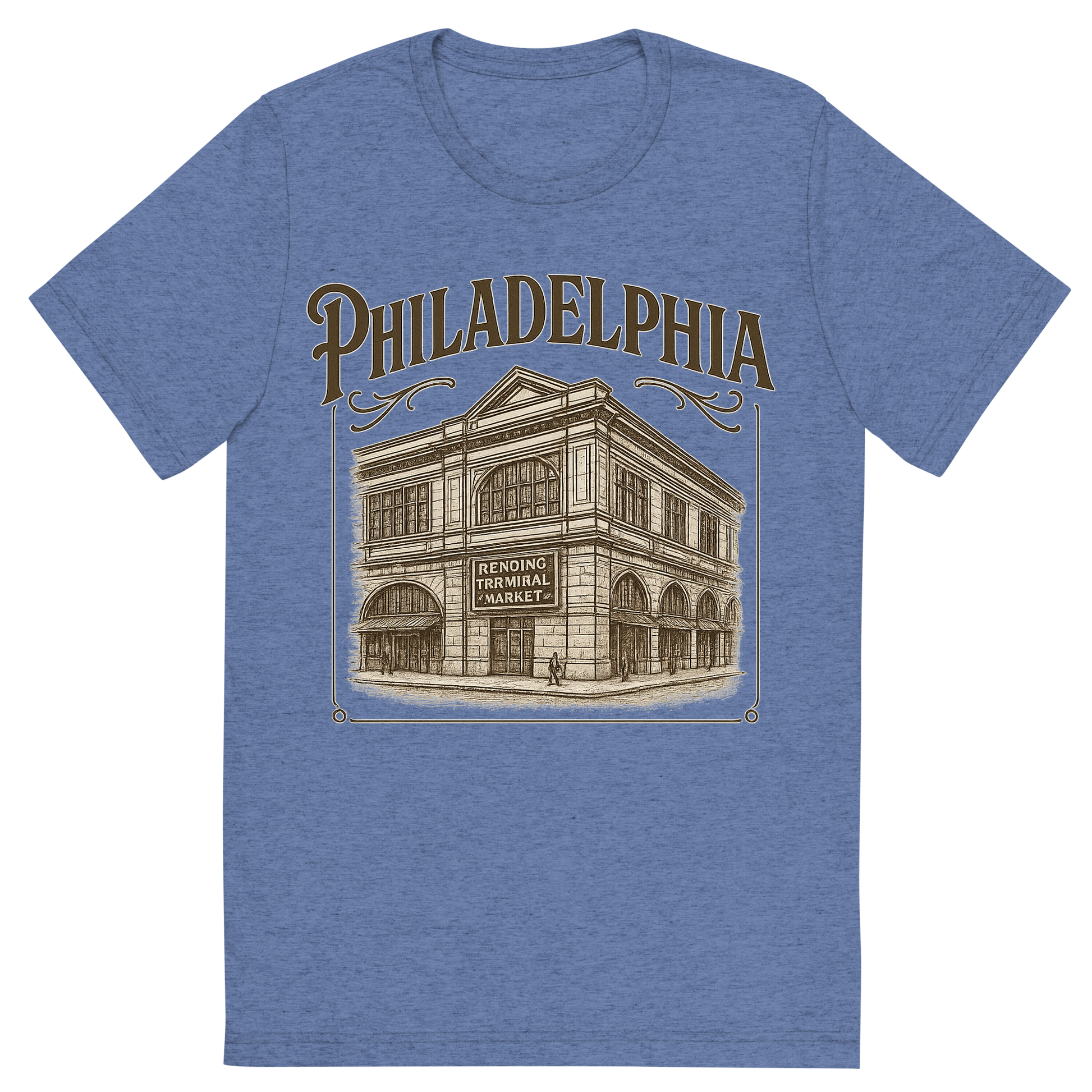 Front view of a Premium Tri-Blend Crew Neck T-Shirt in Blue showing 'A typographic, nostalgic graphic of a typographic illustration of the words 'philadelphia' with a vintage line art drawing of the reading terminal market'