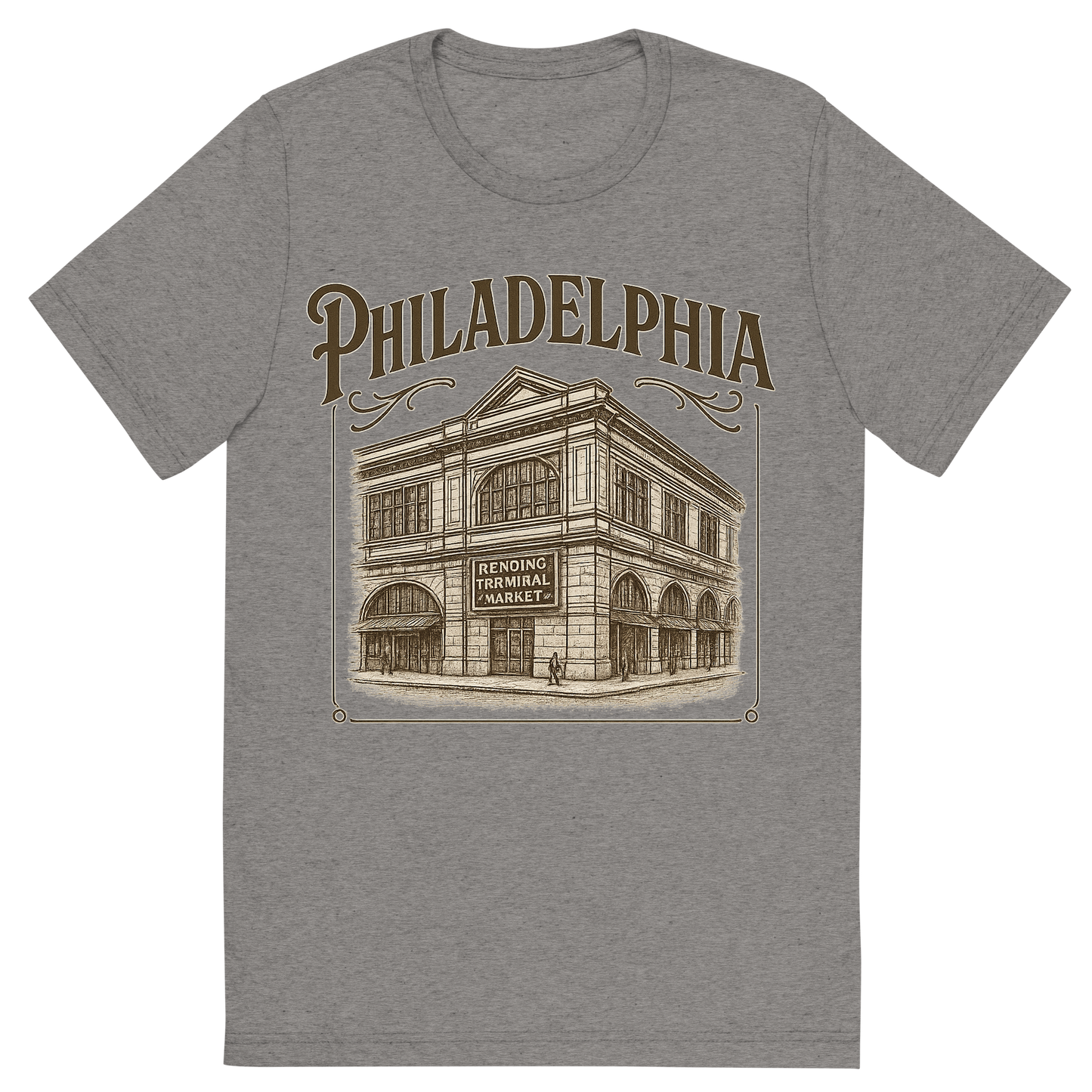 Front view of a Premium Tri-Blend Crew Neck T-Shirt in Grey showing 'A typographic, nostalgic graphic of a typographic illustration of the words 'philadelphia' with a vintage line art drawing of the reading terminal market'