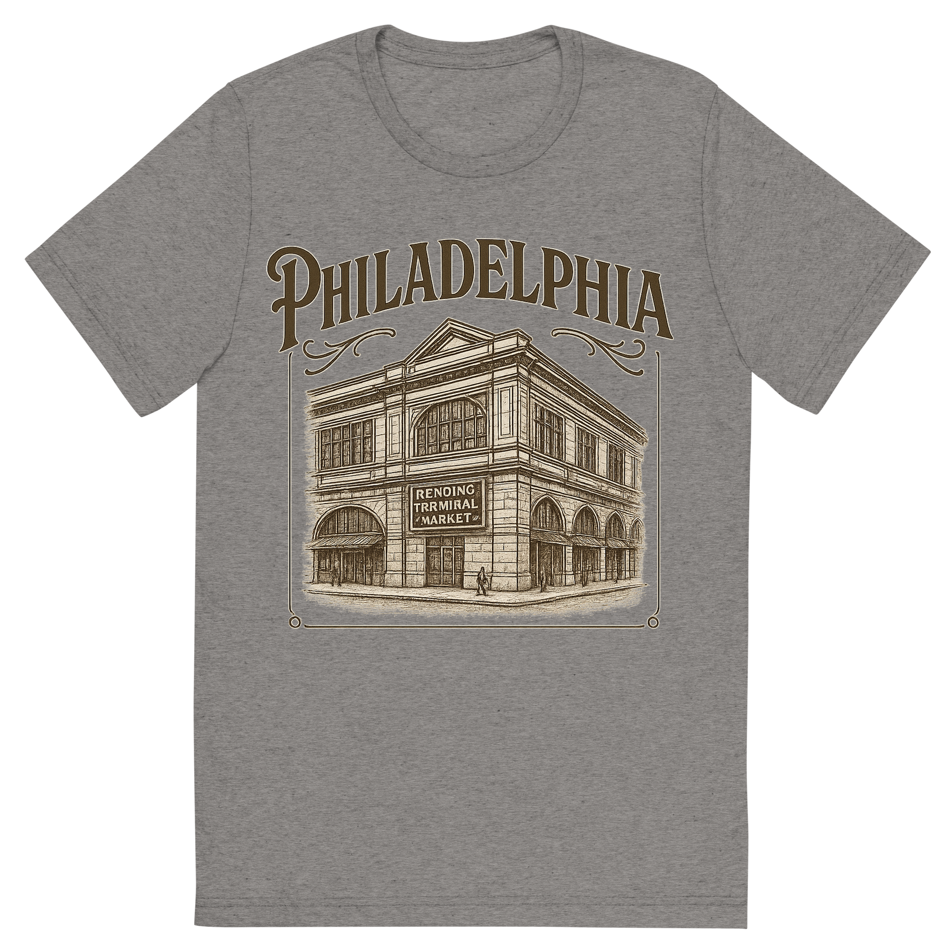 Front view of a Premium Tri-Blend Crew Neck T-Shirt in Grey showing 'A typographic, nostalgic graphic of a typographic illustration of the words 'philadelphia' with a vintage line art drawing of the reading terminal market'