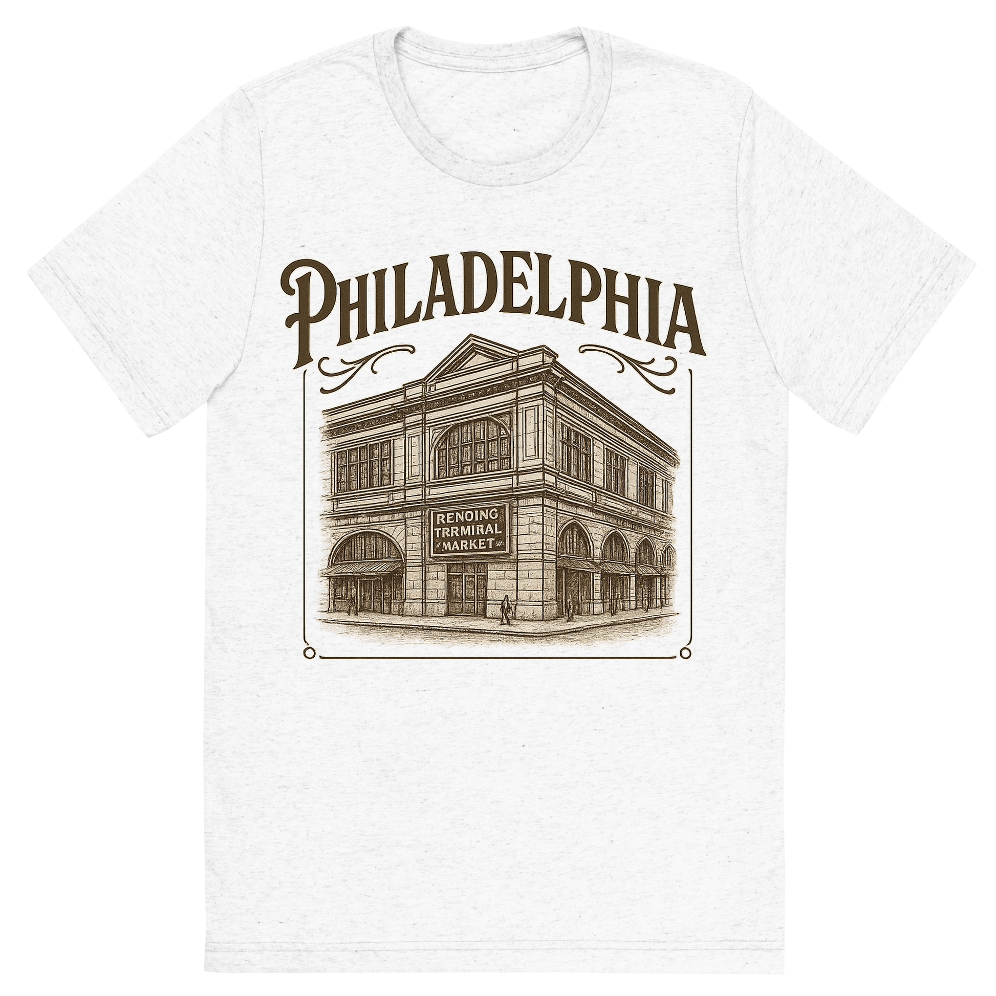 Front view of a Premium Tri-Blend Crew Neck T-Shirt in Solid White showing 'A typographic, nostalgic graphic of a typographic illustration of the words 'philadelphia' with a vintage line art drawing of the reading terminal market'