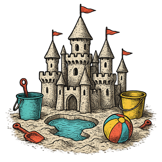 A hand-drawn ink with pops of color, imaginative graphic of a detailed sandcastle with towers, flags, and a moat, surrounded by beach toys, hand-drawn ink with pops of color, centered composition, transparent background, optimized for dtg printing - a t-shirt design