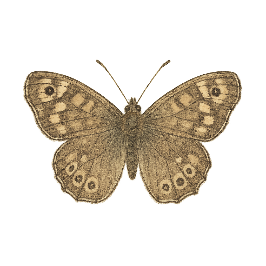 A hand-drawn, tranquil graphic of speckled wood butterfly – a t-shirt design