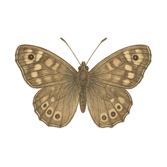 A hand-drawn, tranquil graphic of speckled wood butterfly – a t-shirt design