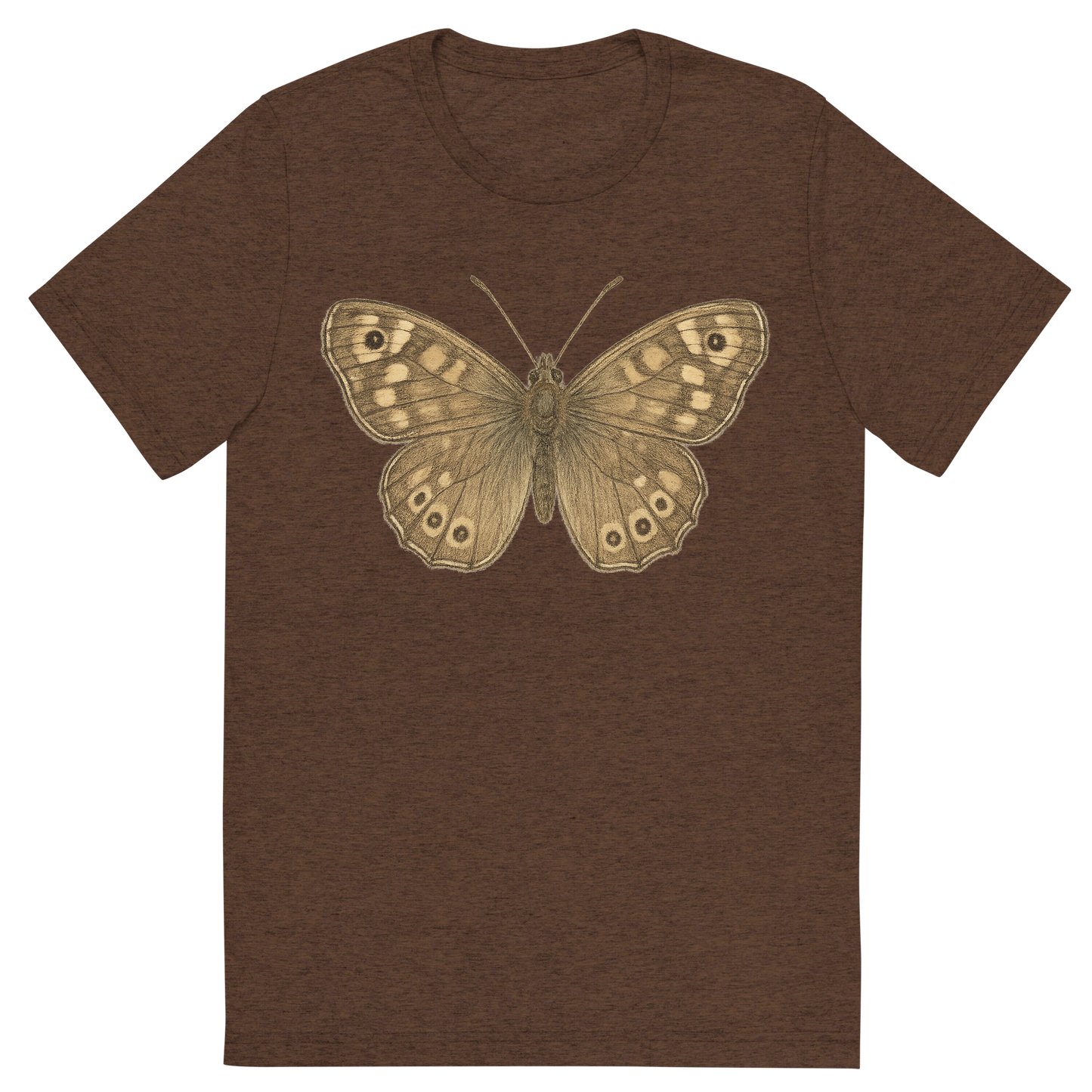 Front view of a Premium Tri-Blend Crew Neck T-Shirt in Brown showing 'A hand-drawn, tranquil graphic of speckled wood butterfly'