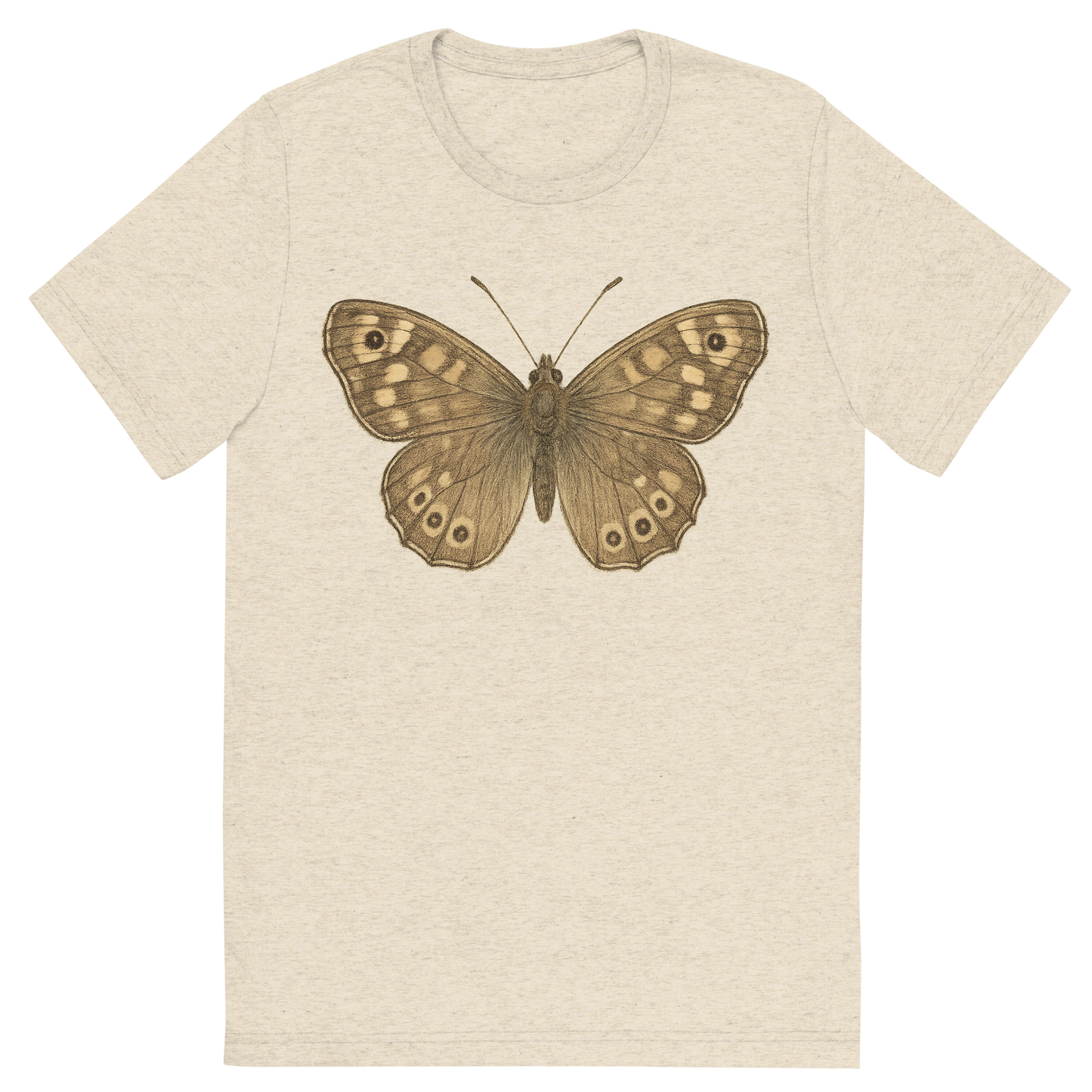 Front view of a Premium Tri-Blend Crew Neck T-Shirt in Oatmeal showing 'A hand-drawn, tranquil graphic of speckled wood butterfly'
