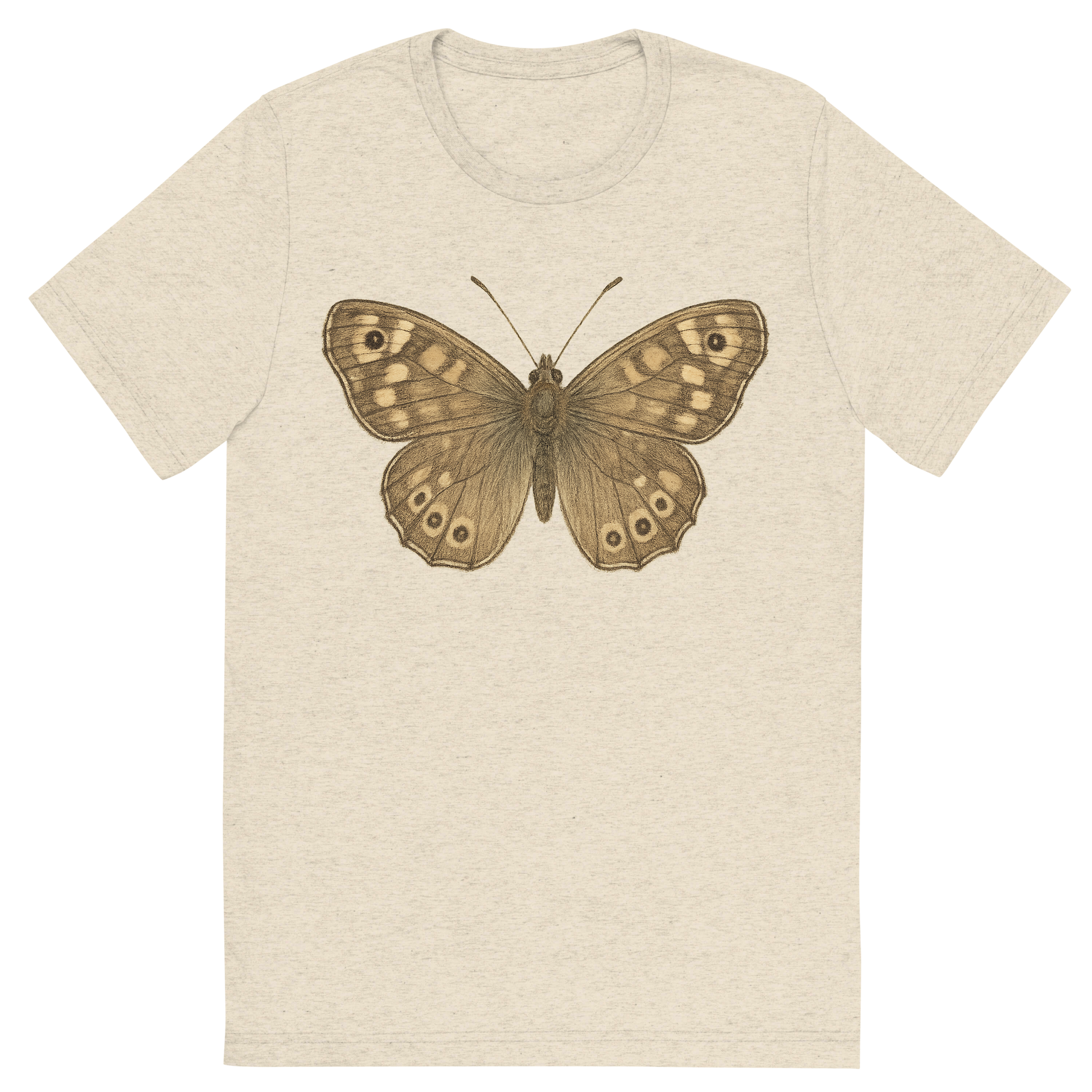 Front view of a Premium Tri-Blend Crew Neck T-Shirt in Oatmeal showing 'A hand-drawn, tranquil graphic of speckled wood butterfly'