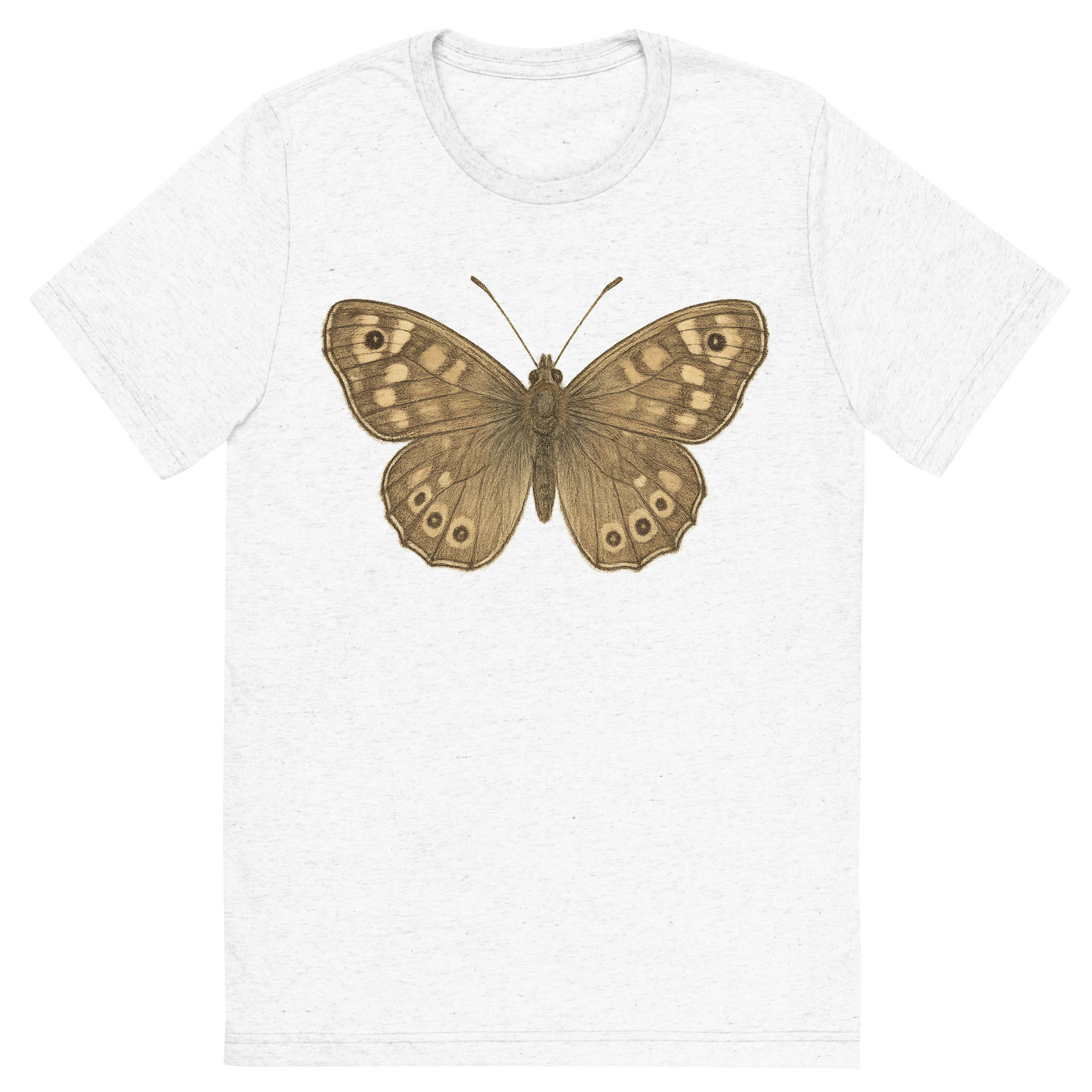 Front view of a Premium Tri-Blend Crew Neck T-Shirt in Solid White showing 'A hand-drawn, tranquil graphic of speckled wood butterfly'