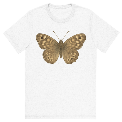 Front view of a Premium Tri-Blend Crew Neck T-Shirt in Solid White showing 'A hand-drawn, tranquil graphic of speckled wood butterfly'