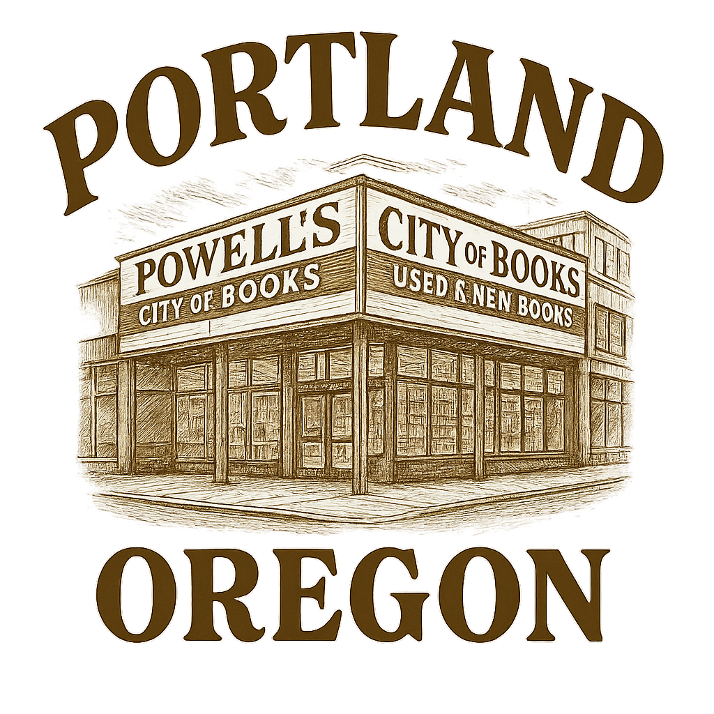 A typographic, nostalgic graphic of a typographic illustration of the words 'portland, oregon' with a vintage line art drawing of powell’s city of books – a t-shirt design